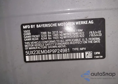 2023 BMW X7 xDrive40I z USA, uszkodzony, nr VIN 5UX23EM04P9P24981